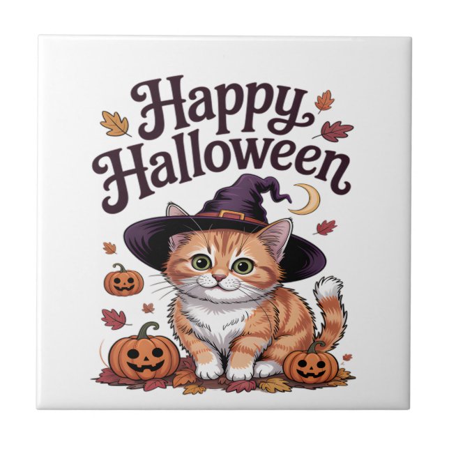 Cat Pumpkin Happy Halloween Ceramic Tile (Front)