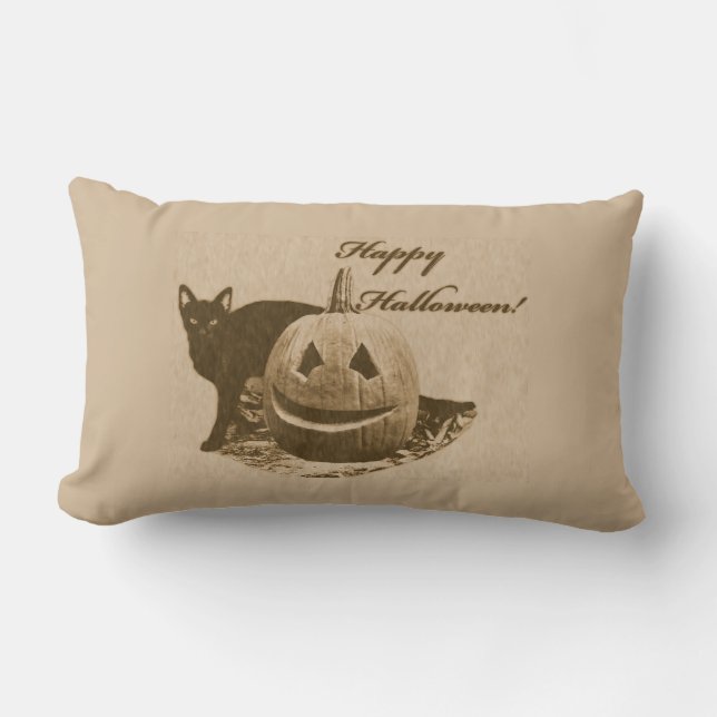 Cat & Pumpkin Happy Halloween Lumbar Cushion (Front)
