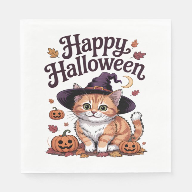 Cat Pumpkin Happy Halloween Napkin (Front)