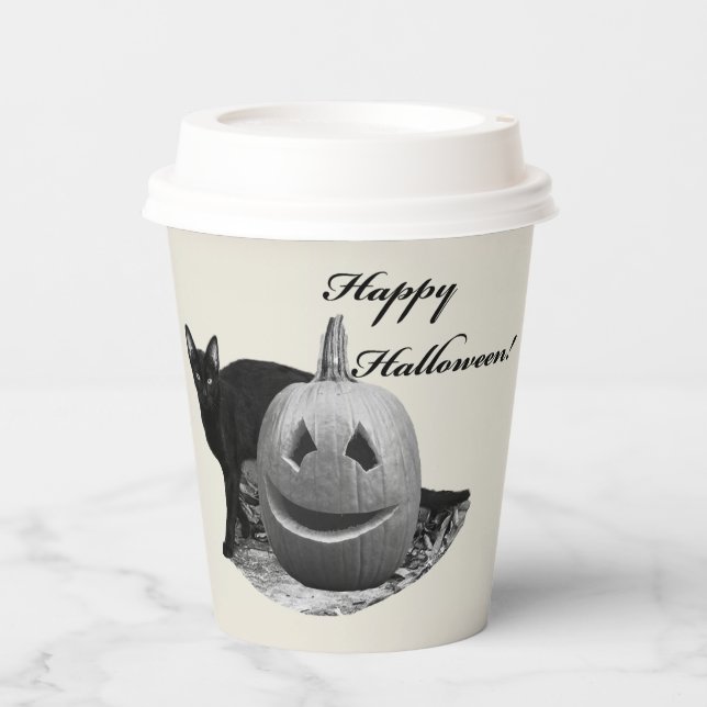 Cat & Pumpkin Happy Halloween Paper Cups (Front)