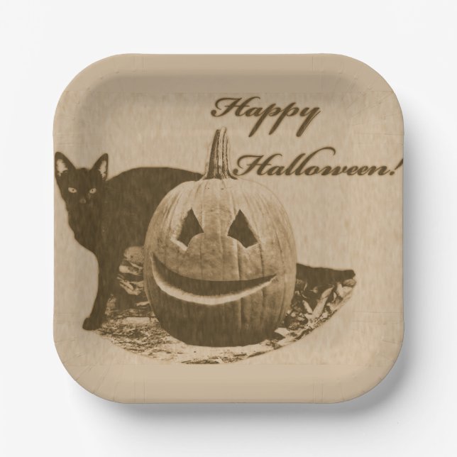 Cat & Pumpkin Happy Halloween Paper Plate (Front)