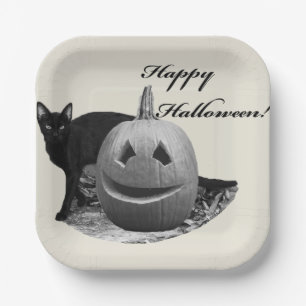 Cat & Pumpkin Happy Halloween Paper Plate