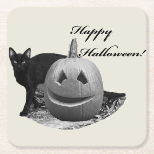 Cat & Pumpkin Happy Halloween Square Paper Coaster