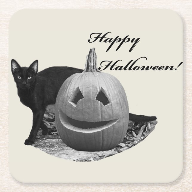 Cat & Pumpkin Happy Halloween Square Paper Coaster (Front)