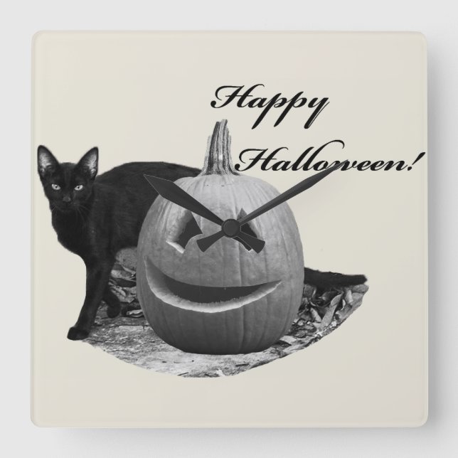 Cat & Pumpkin Happy Halloween Square Wall Clock (Front)