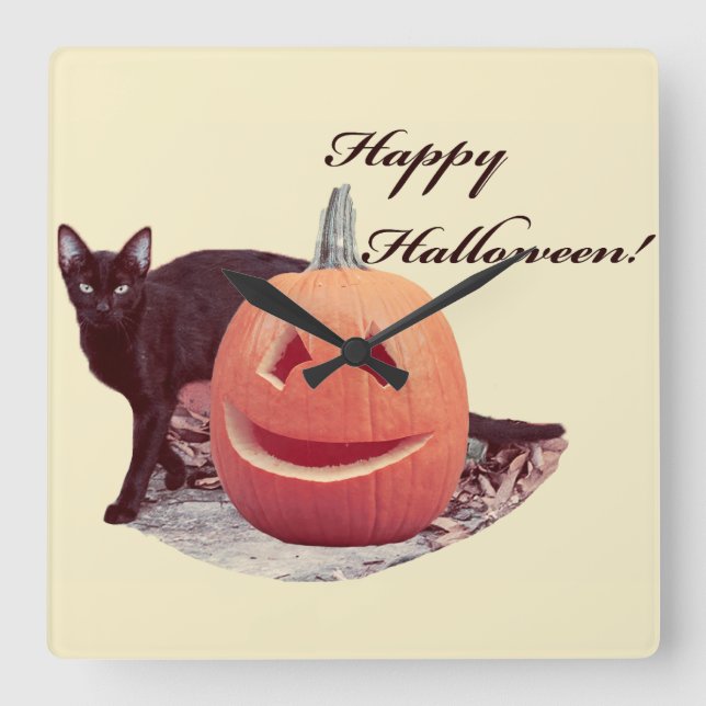 Cat & Pumpkin Happy Halloween Square Wall Clock (Front)