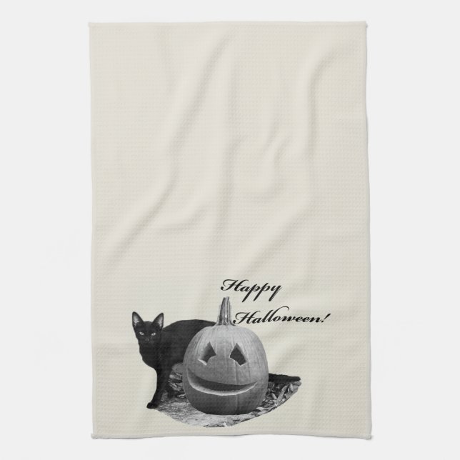 Cat & Pumpkin Happy Halloween Tea Towel (Vertical)