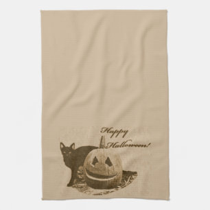Cat & Pumpkin Happy Halloween Tea Towel