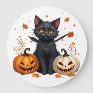 cat pumpkin large clock