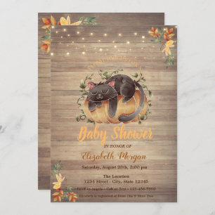 Cat,Pumpkin,String Lights,Wood Texture Baby Shower Invitation