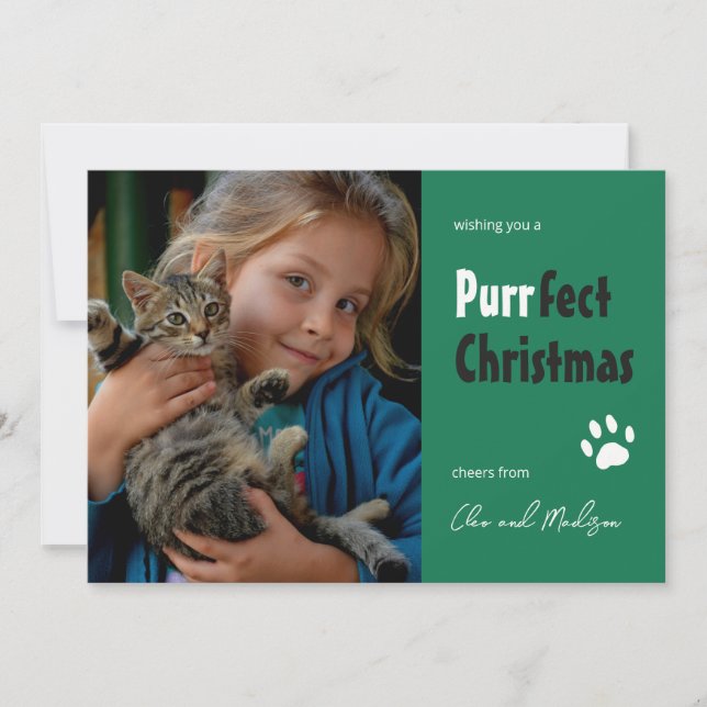Cat pun Purrfect Christmas photo pet holiday card (Front)