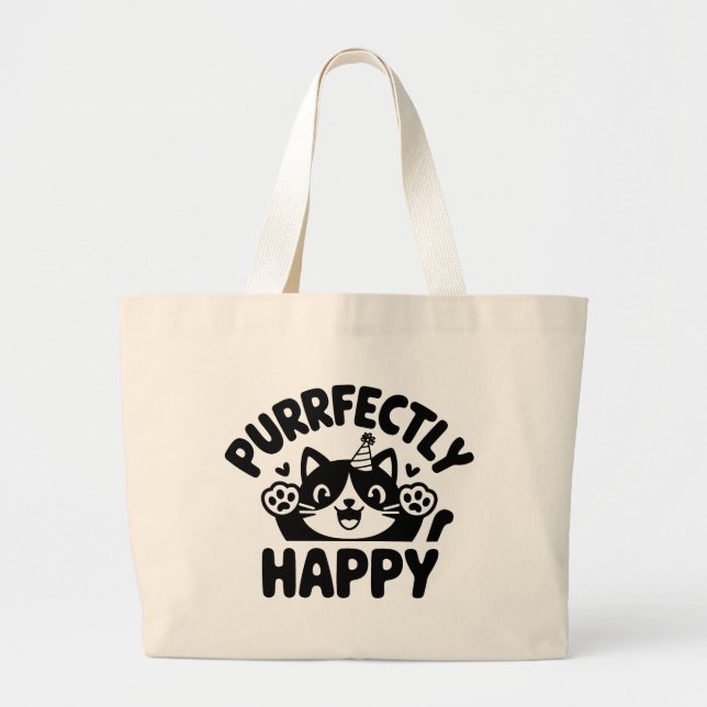 Cat Purrfectly Happy Purr Perfect Large Tote Bag (Front)