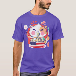 Cat Ramen American Anime Flag 4th Of July Funny Pa T-Shirt