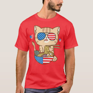 Cat Ramen American Anime Flag 4th Of July Funny Pa T-Shirt