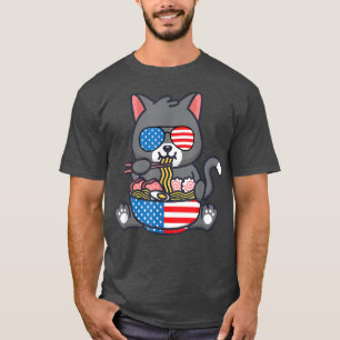 Cat Ramen American Anime Flag 4th Of July Funny Pa T-Shirt
