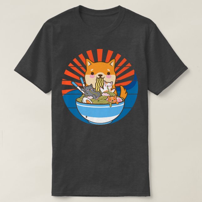 Cat Ramen Dog Shiba Inu Japanese Kawaii Cute Anime T-Shirt (Design Front)