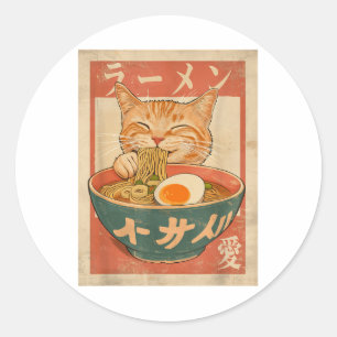 Cat Ramen Funny Japanese Vintage Graphic Tee Kawai Classic Round Sticker