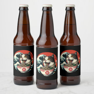 Cat Ramen Japanese Art Vintage Style Beer Bottle Label