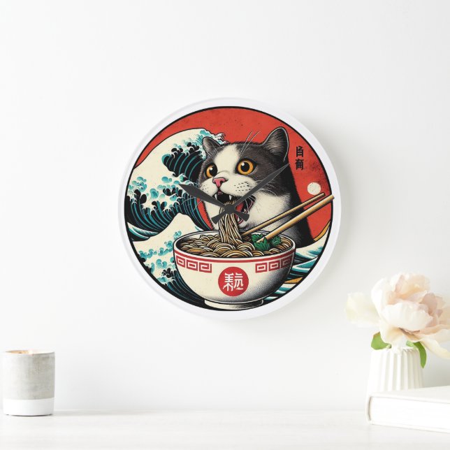 Cat Ramen Japanese Art Vintage Style Large Clock (Home)