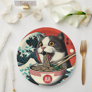 Cat Ramen Japanese Art Vintage Style Paper Plate