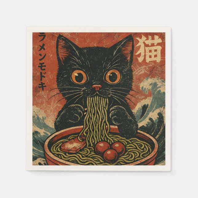 Cat Ramen Japanese Funny Graphic Kawaii Cat Anime Napkin (Front)