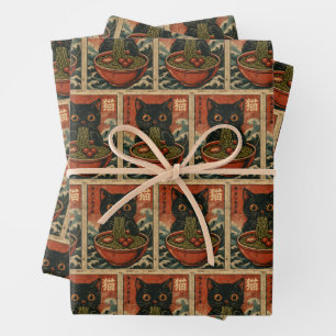 Cat Ramen Japanese Funny Graphic Kawaii Cat Anime Wrapping Paper Sheet