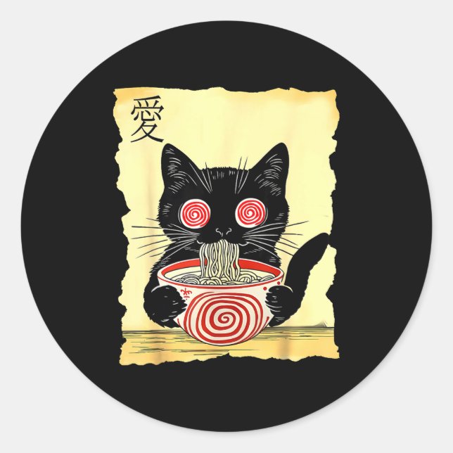 Cat Ramen Japanese Funny Graphic Tees Kawaii Anime Classic Round Sticker (Front)