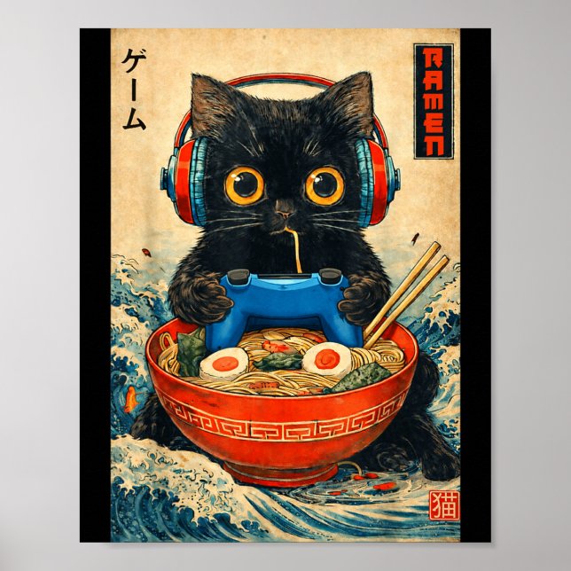 Cat Ramen Japanese Funny Graphic Tees Kawaii Cat A Poster (Front)