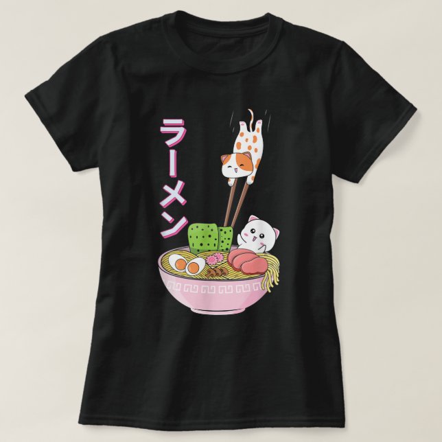 Cat Ramen Shirt Girls Women Men Japanese Kawaii T- (Design Front)