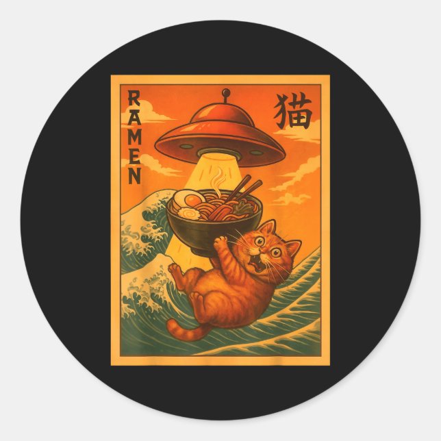 Cat Ramen Ufo Funny Japanese Anime Men Women Teens Classic Round Sticker (Front)