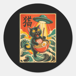 Cat Ramen Ufo Funny Japanese Anime Tee Men Women T Classic Round Sticker