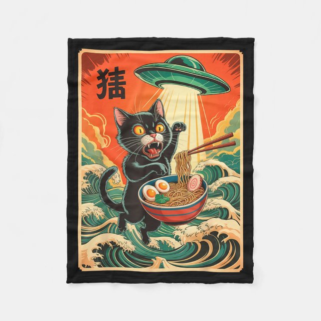 Cat Ramen Ufo Funny Japanese Anime Tee Men Women T Fleece Blanket (Front)