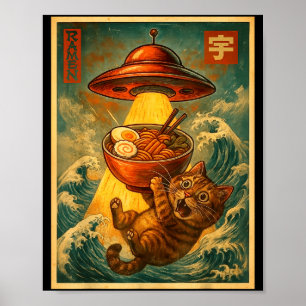 Cat Ramen Ufo Funny Men Women Teens Kids Japanese  Poster
