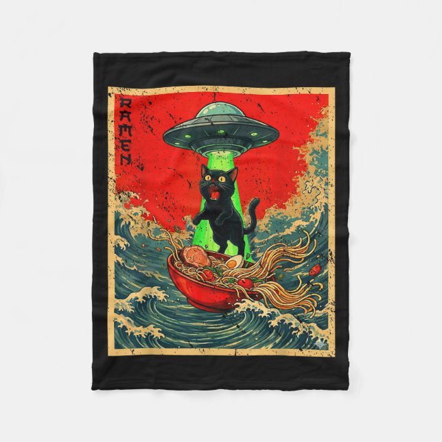 Cat Ramen Ufo Japanese Anime Graphic Tees Men Wome Fleece Blanket (Front)