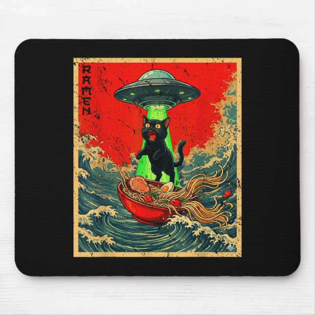 Cat Ramen Ufo Japanese Anime Graphic Tees Men Wome Mouse Pad (Front)