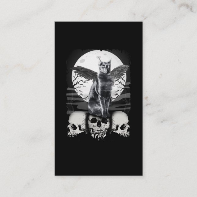 Cat Raven Skulls Creepy Crow Moon Kitten Gothic Business Card (Front)