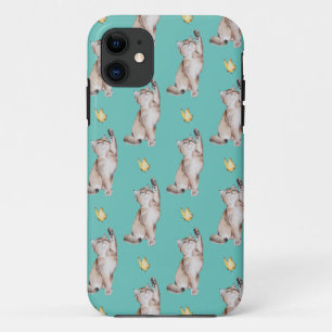 Cat Reaching For Yellow Butterfly on Light Teal iPhone 11 Case