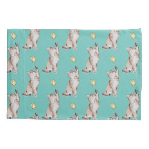 Cat Reaching For Yellow Butterfly on Light Teal Pillowcase
