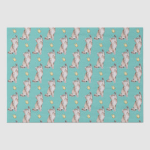 Cat Reaching For Yellow Butterfly on Light Teal Tissue Paper
