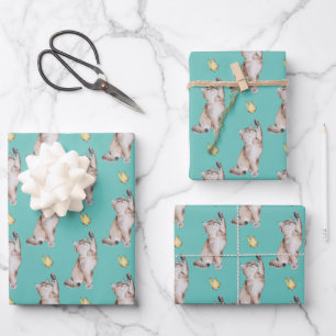 Cat Reaching For Yellow Butterfly on Light Teal Wrapping Paper Sheet