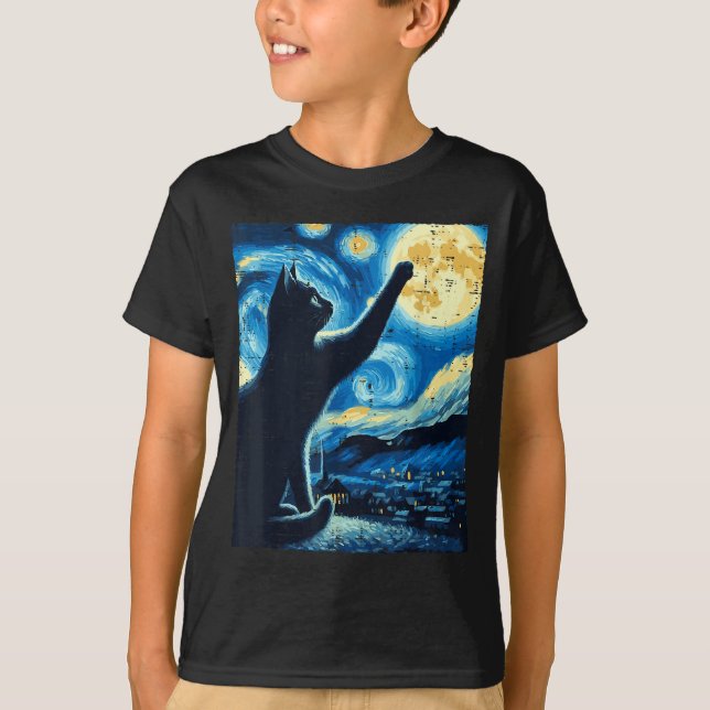 Cat Reaching Moon Starry Night Funny Kitten Men Wo T-Shirt (Front)