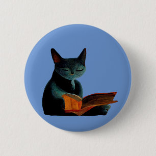 Cat reading a book 6 cm round badge