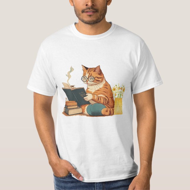 Cat Reading a Book and Drinking Coffee T-Shirt (Front)