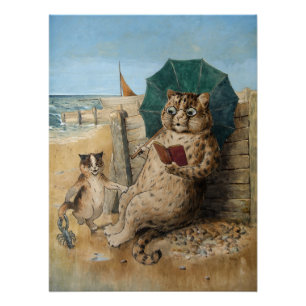 Cat Reading a Book by Louis Wain Poster