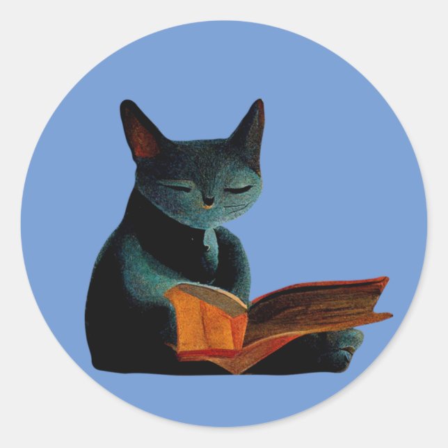 Cat reading a book classic round sticker (Front)