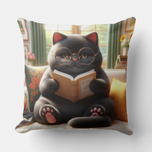 Cat reading a book on sofa cushion