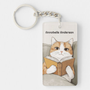 Cat Reading a Book Personalise Key Ring