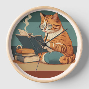 Cat Reading Book And Drink Coffee Espresso Clock
