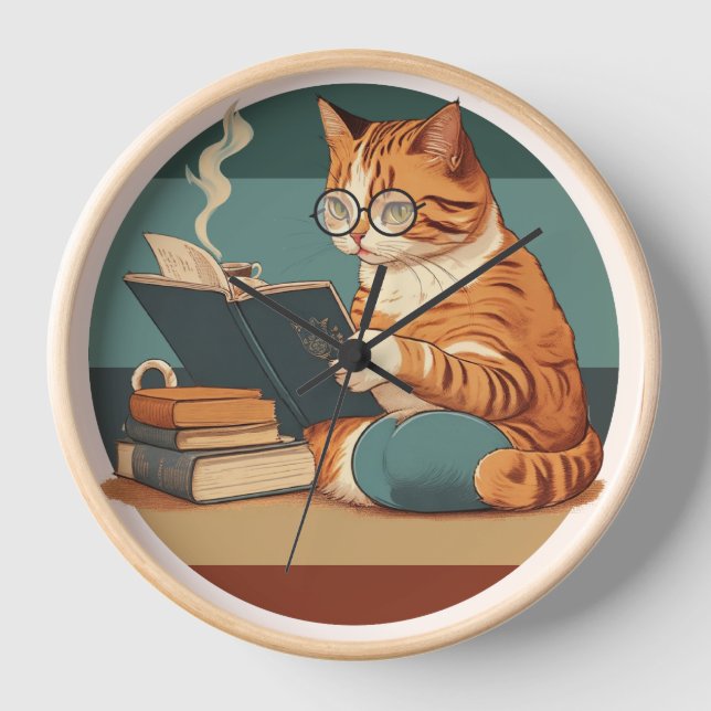 Cat Reading Book And Drink Coffee Espresso Clock (Front)