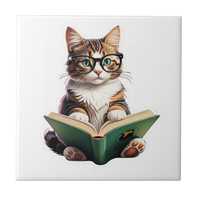 Cat Reading Book  Ceramic Tile (Front)